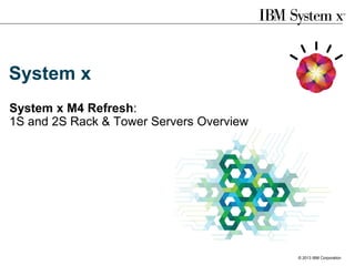 System x
System x M4 Refresh:
1S and 2S Rack & Tower Servers Overview

Server solutions built on IBM System x rack
and tower servers make it simple to act
faster and move further ahead

© 2013 IBM Corporation

 