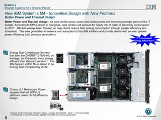 System x
Smarter Systems for a Smarter Planet

New IBM System x M4 - Innovative Design with New Features
Better Power and Thermal design
Better Power and Thermal design - As data centers grow, power and cooling costs are becoming a larger piece of the IT
budget. According to EPA's report to Congress, data centers will account for nearly 3% of total US electricity consumption
by 2011. IBM has always been focused on help clients reduce their energy consumption through greater efficiency and
innovation. This new generation of servers is no exception to this IBM tradition and provide clients with an even greater
power efficiency than pervious generations.
                                                                                                              37% Increased
                                                                                                            Energy Efficiency(2)




    Energy Star Compliance- Servers
    that earn the ENERGY STAR will, on
    average, be 30 percent more energy
    efficient than standard servers(1). The
    IBM System x3650 M4 is slated to be
    Energy Star Compliant by 2Q12




    Choice of 3 Redundant Power
    supplies that are 80PLUS
    platinum power (94%) efficiency
    design




    (1)
          Source: US Environmental Protection Agency – Energy Star Website – Click here for more details
    (2)
          As measured by spec SPECpower_ssj2008 benchmark over pervious generation
                                                                                                              © 2012 IBM Corporation
8
 
