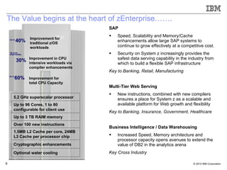 The Value begins at the heart of zEnterprise……. SAP Speed, Scalability and Memory/Cache enhancements allow large SAP systems to continue to grow effectively at a competitive cost. Security on System z increasingly provides the safest data serving capability in the industry from which to build a flexible SAP infrastructure Key to Banking, Retail, Manufacturing  Multi-Tier Web Serving New instructions, combined with new compilers ensures a place for System z as a scalable and available platform for Web growth and flexibility  Key to Banking, Insurance, Government, Healthcare Business Intelligence / Data Warehousing   Increased Speed, Memory architecture and processor capacity opens avenues to extend the value of DB2 in the analytics arena Key Cross Industry Improvement for traditional z/OS workloads Improvement in CPU intensive workloads via compiler enhancements  40% 60% Up to Up to Improvement for total CPU Capacity Up to an ADDITIONAL 30% 5.2 GHz superscalar processor Up to 96 Cores, 1 to 80 configurable for client use Up to 3 TB RAIM memory Over 100 new instructions  1.5MB L2 Cache per core, 24MB L3 Cache per processor chip  Cryptographic enhancements Optional water cooling 