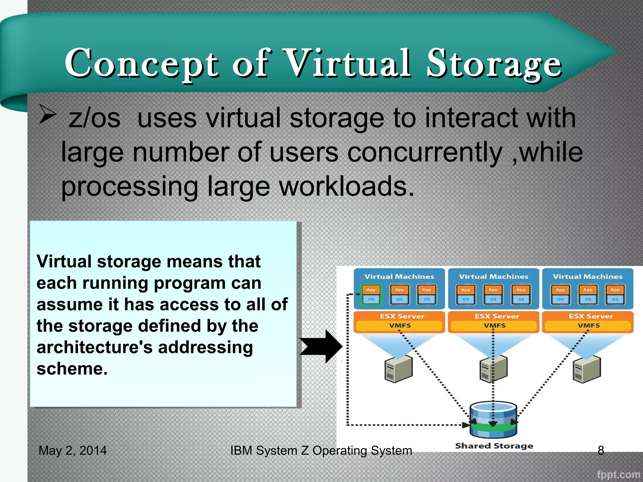 Concept of Virtual StorageConcept of Virtual Storage
 z/os uses virtual storage to interact with
large number of users concurrently ,while
processing large workloads.
Virtual storage means that
each running program can
assume it has access to all of
the storage defined by the
architecture's addressing
scheme.
Virtual storage means that
each running program can
assume it has access to all of
the storage defined by the
architecture's addressing
scheme.
May 2, 2014 8IBM System Z Operating System
 