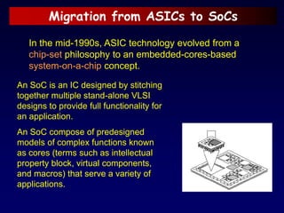 Migration from ASICs to SoCs
In the mid-1990s, ASIC technology evolved from a
chip-set philosophy to an embedded-cores-based
system-on-a-chip concept.
An SoC is an IC designed by stitching
together multiple stand-alone VLSI
designs to provide full functionality for
an application.
An SoC compose of predesigned
models of complex functions known
as cores (terms such as intellectual
property block, virtual components,
and macros) that serve a variety of
applications.
 