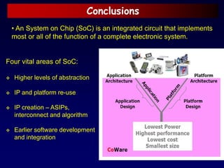 Four vital areas of SoC:
 Higher levels of abstraction
 IP and platform re-use
 IP creation – ASIPs,
interconnect and algorithm
 Earlier software development
and integration
• An System on Chip (SoC) is an integrated circuit that implements
most or all of the function of a complete electronic system.
Conclusions
 