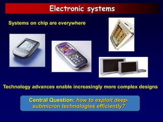 Electronic systems
Systems on chip are everywhere
Technology advances enable increasingly more complex designs
Central Question: how to exploit deep-
submicron technologies efficiently?
 