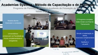 Nossos alunos
Vivenciam o conteúdo
Universitários:
comprovam na Faculdade as
Horas complementares e
obrigatórias
O Programa completo:
teste inicial e ao final do
Treinamento
Simular a implantação no
cliente,
Exercícios complementares
e
feedback o
do perfil
15
Academias Systima - Método de Capacitação e de Avaliação
Programa de Formação de ERP & Academia de Formação de ERP
Valide o que aprendeu
 