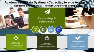 16
Alunos são pré-
selecionados
Academia ERP Essencial – Formar Consultores de Implantação
Carga horária
4 Semanas com TCC1
TCC2: 30 a 60 dias pós
curso de Formação
Objetivos:
Selecionar, Treinar,
disciplinar, orientar, engajar
Exclusivo Processo
seletivo
e indicação pós-curso
Avaliação com feedback
após o curso
Academias ERP da Systima - Capacitação e de Avaliação
 