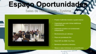 27
• Projetor multimídia incluído e quadro branco
• Capacidade para até 4 linhas telefônicas
independentes
• Isolamento acústico e ar-condicionado
independente
• Monitoramento por câmeras
• Pisos em porcelanato fino
• Rede WiFi de 25Mb Vivo Fibra
• Banheiros masculino e feminino
• Mesas e salas Individuais ou compartilhadas
Salas de Treinamento - Systima
Espaço Oportunidades
 