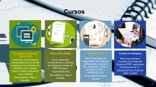 Formação de Usuário
Chave ERP
Destinado para pessoas
interessadas em se formar
e ingressar no mercado de
trabalho como usuário
chave e fazer a diferença
nas empresas
Há problema? Seja a
solução
Cursos
20
Oficina EFD REINF
Curso destinado
a consultores e usuários
de ambientes fiscais do
ERP Protheus
+ DIAGNÓSTICO
Há problema? Seja a
solução
Oficina NF 4.0
Para Consultores de
Implantação de Protheus,
profissionais e usuários
dos ambientes de RH e
Contábil do ERP +
DIAGNOSTICO
Há problema? Seja a
solução
Cursos In-company
Para Consultores e
usuários de ambientes
fiscais do ERP, gerentes e
profissionais de T.I.
DIAGNOSTICO POS OU
PRE CURSO
 