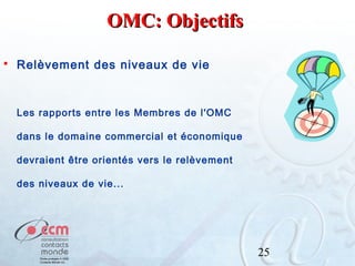 OMC: Objectifs


Relèvement des niveaux de vie

Les rapports entre les Membres de l'OMC
dans le domaine commercial et économique
devraient être orientés vers le relèvement
des niveaux de vie...

25

 