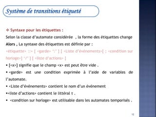  Syntaxe pour les étiquettes :
Selon la classe d’automate considérée , la forme des étiquettes change
Alors , La syntaxe des étiquettes est définie par :
<étiquette> ::= [ <garde> ‘:’ ] [ <Liste d’événements>[ ; <condition sur
horloge>] ‘/’ ] [ <liste d’actions> ]
 [<x>] signifie que le champ <x> est peut être vide .
 <garde> est une condition exprimée à l’aide de variables de
l’automate.
 <Liste d’événements> contient le nom d’un événement
<liste d’actions> contient le littéral τ .
 <condition sur horloge> est utilisable dans les automates temporisés .
12
 