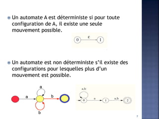  Un automate A est déterministe si pour toute
configuration de A, il existe une seule
mouvement possible.
 Un automate est non déterministe s’il existe des
configurations pour lesquelles plus d’un
mouvement est possible.
7
 