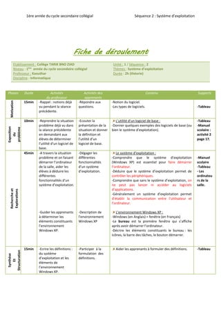 1ère année du cycle secondaire collégial Séquence 2 : Système d’exploitation 
Fiche de déroulement 
Etablissement : Collège TARIK BNO ZIAD 
Niveau : 1ère année du cycle secondaire collégial 
Professeur : Kaouthar 
Discipline : Informatique 
Unité : 1 / Séquence : 2 
Thèmes : Système d’exploitation 
Durée : 2h (théorie) 
Phases Durée Activités 
du professeur 
Activités des 
apprenants 
Contenu Supports 
Motivation 
15min -Rappel : notions déjà 
vu pendant la séance 
précédente. 
-Répondre aux 
questions. 
-Notion du logiciel. 
-Les types de logiciels. 
-Tableau 
Exposition 
du 
problème 
10min -Reprendre la situation 
problème déjà vu dans 
la séance précédente 
en demandant aux 
élèves de déterminer 
l’utilité d’un logiciel de 
base. 
-Ecouter la 
présentation de la 
situation et donner 
la définition et 
l’utilité d’un 
logiciel de base. 
L’utilité d’un logiciel de base : 
-Donner quelques exemples des logiciels de base (ou 
bien le système d’exploitation). 
-Tableau 
-Manuel 
scolaire : 
activité 2 
page 17. 
Recherche et 
Explorations 
45min -A travers la situation 
problème et on faisant 
démarrer l’ordinateur 
de la salle, aider les 
élèves à déduire les 
différentes 
fonctionnalités d’un 
système d’exploitation. 
-Guider les apprenants 
à déterminer les 
éléments constituants 
l’environnement 
Windows XP. 
-Dégager les 
différentes 
fonctionnalités 
d’un système 
d’exploitation. 
-Description de 
l’environnement 
Windows XP 
Le système d’exploitation : 
-Comprendre que le système d’exploitation 
(Windows XP) est essentiel pour faire démarrer 
l’ordinateur. 
-Déduire que le système d’exploitation permet de 
contrôler les périphériques. 
-Comprendre que sans le système d’exploitation, on 
ne peut pas lancer ni accéder au logiciels 
d’applications. 
-Généralement un système d’exploitation permet 
d’établir la communication entre l’utilisateur et 
l’ordinateur. 
L’environnement Windows XP : 
-Windows (en Anglais) = fenêtre (en Français) 
-Le bureau est la première fenêtre qui s’affiche 
après avoir démarrer l’ordinateur. 
-Décrire les éléments constituants le bureau : les 
icônes, la barre des tâches, le bouton démarrer. 
-Manuel 
scolaire 
-Tableau 
- Les 
ordinateu 
rs de la 
salle. 
Synthèse 
Et 
Structuration 
15min -Ecrire les définitions : 
du système 
d’exploitation et les 
éléments de 
l’environnement 
Windows XP. 
-Participer à la 
formulation des 
définitions. 
Aider les apprenants à formuler des définitions. -Tableau 
 