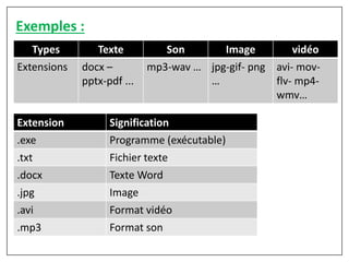 Exemples :
Types Texte Son Image vidéo
Extensions docx –
pptx-pdf ...
mp3-wav … jpg-gif- png
…
avi- mov-
flv- mp4-
wmv…
Extension Signification
.exe Programme (exécutable)
.txt Fichier texte
.docx Texte Word
.jpg Image
.avi Format vidéo
.mp3 Format son
 