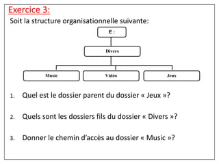 Soit la structure organisationnelle suivante:
1. Quel est le dossier parent du dossier « Jeux »?
2. Quels sont les dossiers fils du dossier « Divers »?
3. Donner le chemin d’accès au dossier « Music »?
Exercice 3:
 