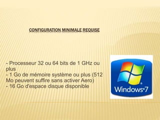 CONFIGURATION MINIMALE REQUISE
- Processeur 32 ou 64 bits de 1 GHz ou
plus
- 1 Go de mémoire système ou plus (512
Mo peuvent suffire sans activer Aero)
- 16 Go d'espace disque disponible
 