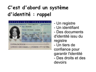 - Un registre - Un identifiant - Des documents d'identité issu du registre - Un tiers de confiance pour garantir l'identité - Des droits et des devoirs C'est d'abord un système d'identité : rappel 