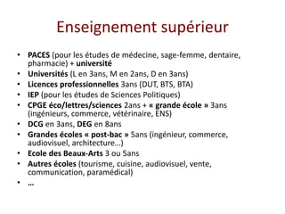 Enseignement supérieur
• PACES (pour les études de médecine, sage-femme, dentaire,
pharmacie) + université
• Universités (L en 3ans, M en 2ans, D en 3ans)
• Licences professionnelles 3ans (DUT, BTS, BTA)
• IEP (pour les études de Sciences Politiques)
• CPGE éco/lettres/sciences 2ans + « grande école » 3ans
(ingénieurs, commerce, vétérinaire, ENS)
• DCG en 3ans, DEG en 8ans
• Grandes écoles « post-bac » 5ans (ingénieur, commerce,
audiovisuel, architecture…)
• Ecole des Beaux-Arts 3 ou 5ans
• Autres écoles (tourisme, cuisine, audiovisuel, vente,
communication, paramédical)
• …
 