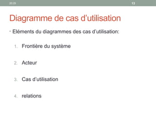 20:29 13
Diagramme de cas d’utilisation
• Eléments du diagrammes des cas d’utilisation:
1. Frontière du système
2. Acteur
3. Cas d’utilisation
4. relations
 