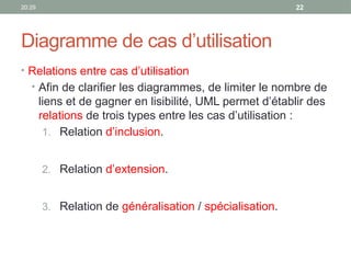 20:29 22
Diagramme de cas d’utilisation
• Relations entre cas d’utilisation
• Afin de clarifier les diagrammes, de limiter le nombre de
liens et de gagner en lisibilité, UML permet d’établir des
relations de trois types entre les cas d’utilisation :
1. Relation d’inclusion.
2. Relation d’extension.
3. Relation de généralisation / spécialisation.
 