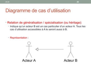 20:29 29
Diagramme de cas d’utilisation
• Relation de généralisation / spécialisation (ou héritage):
• Indique qu’un acteur B est un cas particulier d’un acteur A. Tous les
cas d’utilisation accessibles à A le seront aussi à B.
• Représentation :
 