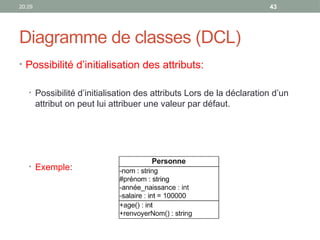 20:29 43
Diagramme de classes (DCL)
• Possibilité d’initialisation des attributs:
• Possibilité d’initialisation des attributs Lors de la déclaration d’un
attribut on peut lui attribuer une valeur par défaut.
• Exemple:
 