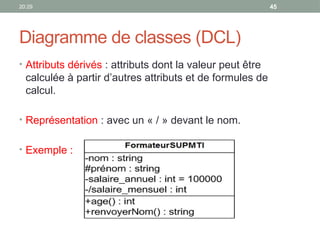 20:29 45
Diagramme de classes (DCL)
• Attributs dérivés : attributs dont la valeur peut être
calculée à partir d’autres attributs et de formules de
calcul.
• Représentation : avec un « / » devant le nom.
• Exemple :
 