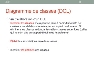 20:29 79
Diagramme de classes (DCL)
• Plan d’élaboration d’un DCL
• Identifier les classes. Cela peut se faire à partir d’une liste de
classes « candidates » fournies par un expert du domaine. On
éliminera les classes redondantes et les classes superflues (celles
qui ne sont pas en rapport direct avec le problème).
• Établir les associations entre les classes
• Identifier les attributs des classes..
 