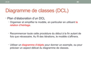 20:29 80
Diagramme de classes (DCL)
• Plan d’élaboration d’un DCL
• Organiser et simplifier le modèle, en particulier en utilisant la
relation d’héritage.
• Recommencer toute cette procédure du début à la fin autant de
fois que nécessaire. Au fil des itérations, le modèle s’affinera.
• Utiliser un diagramme d’objets pour donner un exemple, ou pour
préciser un aspect délicat du diagramme de classes.
 