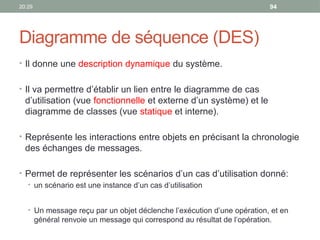 20:29 94
Diagramme de séquence (DES)
• Il donne une description dynamique du système.
• Il va permettre d’établir un lien entre le diagramme de cas
d’utilisation (vue fonctionnelle et externe d’un système) et le
diagramme de classes (vue statique et interne).
• Représente les interactions entre objets en précisant la chronologie
des échanges de messages.
• Permet de représenter les scénarios d’un cas d’utilisation donné:
• un scénario est une instance d’un cas d’utilisation
• Un message reçu par un objet déclenche l’exécution d’une opération, et en
général renvoie un message qui correspond au résultat de l’opération.
 