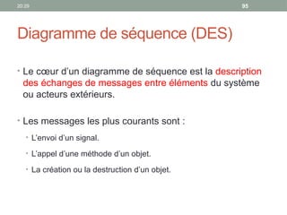 20:29 95
Diagramme de séquence (DES)
• Le cœur d’un diagramme de séquence est la description
des échanges de messages entre éléments du système
ou acteurs extérieurs.
• Les messages les plus courants sont :
• L’envoi d’un signal.
• L’appel d’une méthode d’un objet.
• La création ou la destruction d’un objet.
 