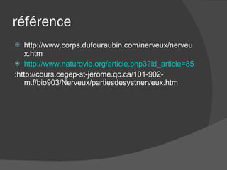 référence http://www.corps.dufouraubin.com/nerveux/nerveux.htm http://www.naturovie.org/article.php3?id_article=85 :http://cours.cegep-st-jerome.qc.ca/101-902-m.f/bio903/Nerveux/partiesdesystnerveux.htm 