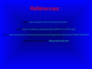 Références : http:// www.corpshumain.ca/respiratoire.htm http:// cours1.sofad.qc.ca/demo/wbio-5061/r/r1/r1s101.php http:// www.servicevie.com/sante/corps-humain/appareil-respiratoire/19/definition#def www.cslaval.qc.ca/prof.../ Respiratoire Q.htm   