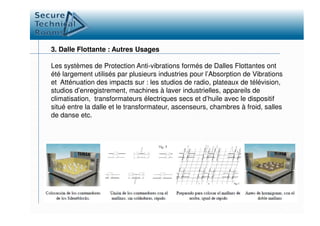 3. Dalle Flottante : Autres Usages
Les systèmes de Protection Anti-vibrations formés de Dalles Flottantes ont
été largement utilisés par plusieurs industries pour l’Absorption de Vibrations
et Atténuation des impacts sur : les studios de radio, plateaux de télévision,
studios d’enregistrement, machines à laver industrielles, appareils de
climatisation, transformateurs électriques secs et d’huile avec le dispositif
situé entre la dalle et le transformateur, ascenseurs, chambres à froid, salles
de danse etc.de danse etc.
 