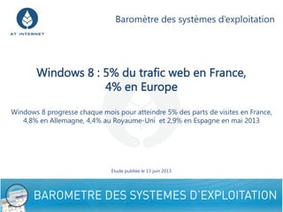 Windows 8 : 5% du trafic web en France,
4% en Europe
Windows 8 progresse chaque mois pour atteindre 5% des parts de visites en France,
4,8% en Allemagne, 4,4% au Royaume-Uni et 2,9% en Espagne en mai 2013
1
Baromètre des systèmes d’exploitation
Etude publiée le 13 juin 2013
 