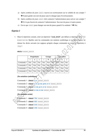 Faycel CHAOUA Systèmes d’exploitation 2 – Correction du TD3 95
a) Après combien de jours user1 recevra un avertissement sur la validité de son compte ?
 Il peut garder son mot de passe sans le changer (pas d’avertissement).
b) Après combien de jours user1 doit contacter l’administrateur pour activer son compte ?
 Il n’a pas besoin de contacter l’administrateur. Son mot de passe n’expire jamais.
c) Est-ce que user1 peut changer son mot de passe quand il le souhaite ?  Oui.
Exercice 2
1. Dans le répertoire courant, créer un répertoire "essai_droit", par défaut ce répertoire est à 755
(rwxr-xr-x). Quelles sont les commandes (en notation symbolique et en base 8) pour lui
donner les droits suivants (on suppose qu'après chaque commande on remet le répertoire à
755) ?
mkdir essai_droit
Propriétaire Groupe Les autres
r w x r W X R w x
Commande 1 Oui Oui Oui Oui Non Oui Non Non Oui
Commande 2 Oui Non Oui Non Oui Non Non Non Oui
Commande 3 Non Oui Non Non Non Oui Oui Non Non
Commande 4 Non Non Oui Oui Non Oui Non Non Non
[En notation symbolique]
Commande 1 : chmod o-r essai_droit
Commande 2 : chmod u-w,g-rx,g+w,o-r essai_droit
Commande 3 : chmod u-rx,g-r,o-x essai_droit
Commande 4 : chmod u-rw,o-rx essai_droit
[En notation octale]
Commande 1 : chmod 751 essai_droit
Commande 2 : chmod 521 essai_droit
Commande 3 : chmod 214 essai_droit
Commande 4 : chmod 150 essai_droit
 