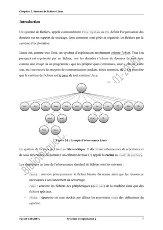 Chapitre 2. Système de fichiers Linux
Faycel CHAOUA Systèmes d’exploitation 2 7
Introduction
Un système de fichiers, appelé communément File System ou FS, définit l’organisation des
données sur un support de stockage, donc comment sont gérés et organisés les fichiers par le
système d’exploitation.
Linux est, comme tout Unix, un système d’exploitation entièrement orienté fichier. Tout (ou
presque) est représenté par un fichier, tant les données (fichiers de données de tout type
comme une image ou un programme), que les périphériques (terminaux, souris, clavier, carte
son, etc.) ou encore les moyens de communication (sockets, tubes nommés, etc.). On peut dire
que le système de fichiers est le cœur de tout système Unix.
Figure 2-1 : Exemple d’arborescence Linux
Le système de fichiers de Linux est hiérarchique. Il décrit une arborescence de répertoires et
de sous répertoires, en partant d’un élément de base (/) appelé la racine ou root directory.
Les répertoires de base de l'arborescence standard de fichiers sont les suivants :
 /boot : contient principalement le fichier binaire du noyau ainsi que les ressources
nécessaires à son lancement au démarrage.
 /dev : contient les fichiers des périphériques (devices) de la machine ainsi que des
fichiers spéciaux.
 /home : répertoire où sont stockés par défaut les répertoires home des utilisateurs du
système.
 