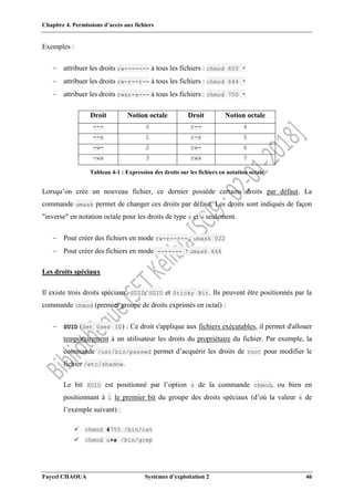 Chapitre 4. Permissions d’accès aux fichiers
Faycel CHAOUA Systèmes d’exploitation 2 46
Exemples :
 attribuer les droits rw------- à tous les fichiers : chmod 600 *
 attribuer les droits rw-r--r-- à tous les fichiers : chmod 644 *
 attribuer les droits rwxr-x--- à tous les fichiers : chmod 750 *
Droit Notion octale Droit Notion octale
--- 0 r-- 4
--x 1 r-x 5
-w- 2 rw- 6
-wx 3 rwx 7
Tableau 4-1 : Expression des droits sur les fichiers en notation octale
Lorsqu’on crée un nouveau fichier, ce dernier possède certains droits par défaut. La
commande umask permet de changer ces droits par défaut. Les droits sont indiqués de façon
"inverse" en notation octale pour les droits de type r et w seulement.
 Pour créer des fichiers en mode rw-r--r-- : umask 022
 Pour créer des fichiers en mode ------- : umask 666
Les droits spéciaux
Il existe trois droits spéciaux, SUID, SGID et Sticky Bit. Ils peuvent être positionnés par la
commande chmod (premier groupe de droits exprimés en octal) :
 SUID (Set User ID) : Ce droit s'applique aux fichiers exécutables, il permet d'allouer
temporairement à un utilisateur les droits du propriétaire du fichier. Par exemple, la
commande /usr/bin/passwd permet d’acquérir les droits de root pour modifier le
fichier /etc/shadow.
Le bit SUID est positionné par l’option s de la commande chmod, ou bien en
positionnant à 1 le premier bit du groupe des droits spéciaux (d’où la valeur 4 de
l’exemple suivant) :
 chmod 4755 /bin/cat
 chmod u+s /bin/grep
 