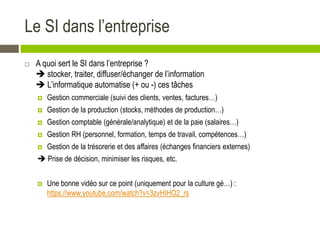 Le SI dans l’entreprise
 A quoi sert le SI dans l’entreprise ?
 stocker, traiter, diffuser/échanger de l’information
 L’informatique automatise (+ ou -) ces tâches
 Gestion commerciale (suivi des clients, ventes, factures…)
 Gestion de la production (stocks, méthodes de production…)
 Gestion comptable (générale/analytique) et de la paie (salaires…)
 Gestion RH (personnel, formation, temps de travail, compétences…)
 Gestion de la trésorerie et des affaires (échanges financiers externes)
 Prise de décision, minimiser les risques, etc.
 Une bonne vidéo sur ce point (uniquement pour la culture gé…) :
https://www.youtube.com/watch?v=3zvHIHO2_rs
 