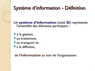 Un système d'Information (noté SI) représente
l'ensemble des éléments participant :
à la gestion,
au traitement,
au transport et,
à la diffusion,
de l'information au sein de l'organisation.
Système d’information - DéfinitionSystème d’information - Définition
5
 