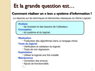 6
Et la grande question est…Et la grande question est…
Comment réaliser un « bon » système d’information ?Comment réaliser un « bon » système d’information ?
La réponse sur les techniques et démarches classiques du Génie Logiciel :
•Analyse
• de l’existant et des besoins de l’utilisateur.
•Conception
• du système et du logiciel.
•Réalisation
• Traduction des algorithmes dans un langage choisi.
•Tests du logiciel
• Vérification et validation du logiciel.
• Tests de non régression.
•Exploitation
• Utiliser le logiciel une fois installé.
•Maintenance
• Correction des erreurs.
• Ajouts de fonctionnalité.
•…
 
