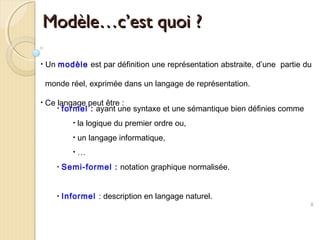 8
• Un modèle est par définition une représentation abstraite, d’une partie du
monde réel, exprimée dans un langage de représentation.
• Ce langage peut être :
• formel : ayant une syntaxe et une sémantique bien définies comme
• la logique du premier ordre ou,
• un langage informatique,
• …
• Semi-formel : notation graphique normalisée.
• Informel : description en langage naturel.
Modèle…c’est quoi ?Modèle…c’est quoi ?
 
