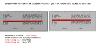 Sélectionner votre choix et accepter avec des « yes » en répondant à toutes les questions
Rebooter la machine: sudo reboot
Tester la connexion avec le périphérique:
lsmod | grep i2c_ (pour I2C)
lsmod | grep spi_ (pour SPI)
 