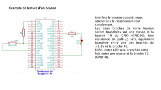 Exemple de lecture d’un bouton
Une fois le bouton appuyé, nous
attendrons le relâchement tout
simplement.
Les deux broches de notre bouton
seront branchées sur une masse et la
broche 19 du GPIO (GPIO10). Une
résistance de pull-up sera également
branchée entre une des broches de
+3,3V et la broche 19.
Enfin, notre LED sera branchée cette
fois entre une masse et la broche 12
(GPIO18).
 