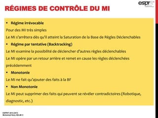 RÉGIMES DE CONTRÔLE DU MI
ESPRIT 2012-2013
Mohamed Heny SELMI ©
 Régime irrévocable
Pour des MI très simples
Le MI s’arrêtera dès qu’il atteint la Saturation de la Base de Règles Déclenchables
 Régime par tentative (Backtracking)
Le MI examine la possibilité de déclencher d’autres règles déclenchables
Le MI opère par un retour arrière et remet en cause les règles déclenchées
précédemment
 Monotonie
Le MI ne fait qu’ajouter des faits à la BF
 Non Monotonie
Le MI peut supprimer des faits qui peuvent se révéler contradictoires (Robotique,
diagnostic, etc.)
 