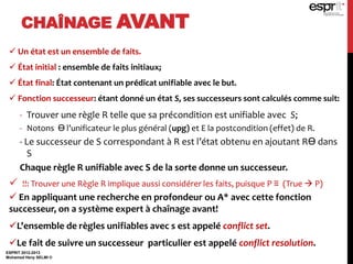 ESPRIT 2012-2013
Mohamed Heny SELMI ©
 Un état est un ensemble de faits.
 État initial : ensemble de faits initiaux;
 État final: État contenant un prédicat unifiable avec le but.
 Fonction successeur: étant donné un état S, ses successeurs sont calculés comme suit:
- Trouver une règle R telle que sa précondition est unifiable avec S;
- Notons ϴ l’unificateur le plus général (upg) et E la postcondition (effet) de R.
- Le successeur de S correspondant à R est l’état obtenu en ajoutant Rϴ dans
S
Chaque règle R unifiable avec S de la sorte donne un successeur.
 !!: Trouver une Règle R implique aussi considérer les faits, puisque P ≡ (True  P)
 En appliquant une recherche en profondeur ou A* avec cette fonction
successeur, on a système expert à chaînage avant!
L'ensemble de règles unifiables avec s est appelé conflict set.
Le fait de suivre un successeur particulier est appelé conflict resolution.
CHAÎNAGE AVANT
 