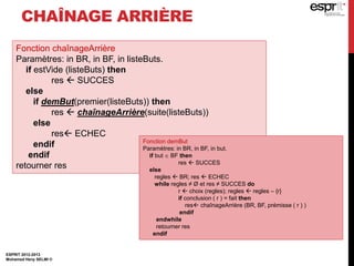 CHAÎNAGE ARRIÈRE
ESPRIT 2012-2013
Mohamed Heny SELMI ©
Fonction chaînageArrière
Paramètres: in BR, in BF, in listeButs.
if estVide (listeButs) then
res  SUCCES
else
if demBut(premier(listeButs)) then
res  chaînageArrière(suite(listeButs))
else
res ECHEC
endif
endif
retourner res
Fonction demBut
Paramètres: in BR, in BF, in but.
if but  BF then
res  SUCCES
else
regles  BR; res  ECHEC
while regles ≠ Ø et res ≠ SUCCES do
r  choix (regles); regles  regles – {r}
if conclusion ( r ) = fait then
res chaînageArrière (BR, BF, prémisse ( r ) )
endif
endwhile
retourner res
endif
 