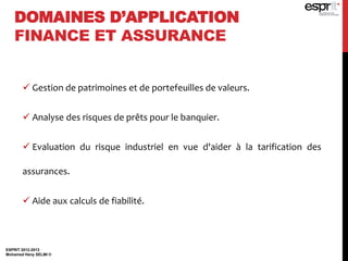 DOMAINES D’APPLICATION
FINANCE ET ASSURANCE
 Gestion de patrimoines et de portefeuilles de valeurs.
 Analyse des risques de prêts pour le banquier.
 Evaluation du risque industriel en vue d'aider à la tarification des
assurances.
 Aide aux calculs de fiabilité.
ESPRIT 2012-2013
Mohamed Heny SELMI ©
 