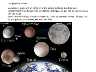 Les planètes naines
Une planète naine est un corps en orbite autour du Soleil qui, bien que
suffisamment massif pour avoir une forme sphérique, n’a pas fait place nette dans
son voisinage.
Selon cette définition, 5 corps accèdent au statut de planètes naines : Pluton, Eris
(la plus grosse), Makemake, Haumea et Cérès.
 