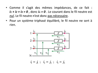 • Comme il s’agit des mêmes impédances, de ce fait :
i1 + i2 + i3 = 0 , donc in = 0 . Le courant dans le fil neutre est
nul. Le fil neutre n’est donc pas nécessaire.
• Pour un système triphasé équilibré, le fil neutre ne sert à
rien.
 