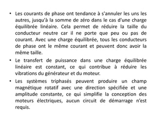 • Les courants de phase ont tendance à s'annuler les uns les
autres, jusqu'à la somme de zéro dans le cas d'une charge
équilibrée linéaire. Cela permet de réduire la taille du
conducteur neutre car il ne porte que peu ou pas de
courant. Avec une charge équilibrée, tous les conducteurs
de phase ont le même courant et peuvent donc avoir la
même taille.
• Le transfert de puissance dans une charge équilibrée
linéaire est constant, ce qui contribue à réduire les
vibrations du générateur et du moteur.
• Les systèmes triphasés peuvent produire un champ
magnétique rotatif avec une direction spécifiée et une
amplitude constante, ce qui simplifie la conception des
moteurs électriques, aucun circuit de démarrage n’est
requis.
 