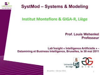 1Bruxelles – 30 mai 2011
SystMod – Systems & Modeling
Institut Montefiore & GIGA-R, Liège
Prof. Louis Wehenkel
Professeur
Lab’Insight « Intelligence Artificielle » -
Datamining et Business Intelligence, Bruxelles, le 30 mai 2011
 